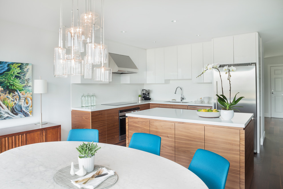 Eat-in kitchen - contemporary l-shaped eat-in kitchen idea in Vancouver with flat-panel cabinets, white cabinets and white backsplash