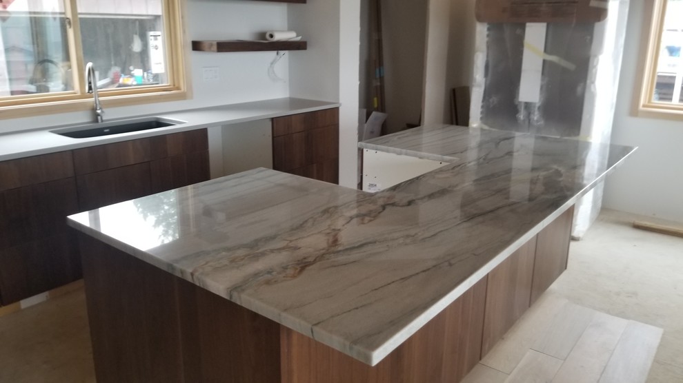 "Fantasy Macaubas" Quartzite & "Ceniza" Quartz Kitchen Countertops