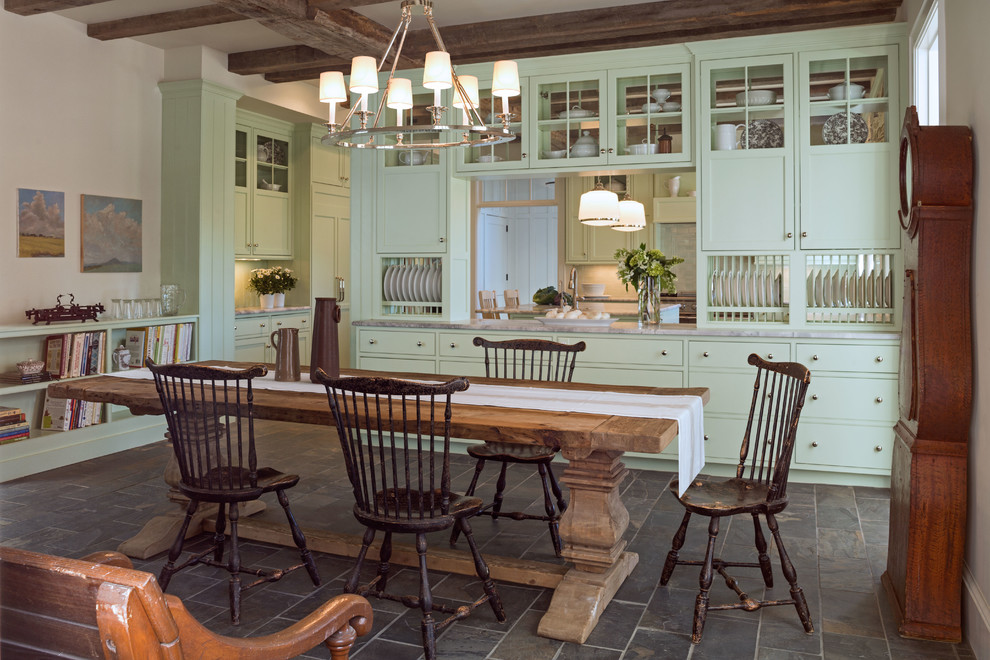 Photo of a large country u-shaped kitchen/diner in DC Metro with shaker cabinets, green cabinets, marble worktops, slate flooring and an island.