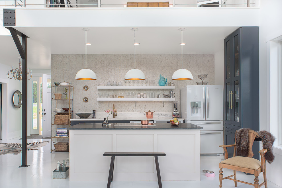 Photo of a large contemporary single-wall open plan kitchen in Other with a single-bowl sink, shaker cabinets, white splashback, stone slab splashback, white appliances, an island, white floors, grey cabinets, quartz worktops and painted wood flooring.