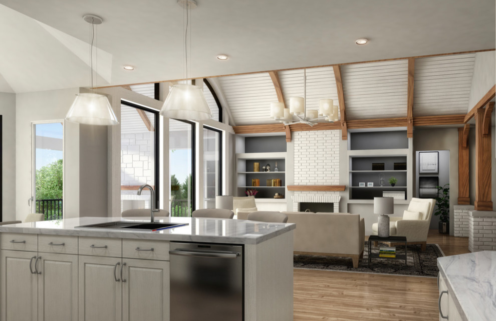 Imagen de cocina abovedada campestre abierta con armarios estilo shaker, puertas de armario blancas, suelo de madera en tonos medios, suelo marrón y encimeras blancas