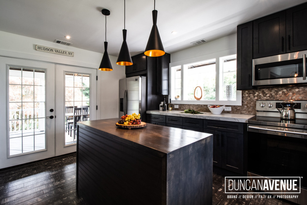 Inspiration for a mid-sized modern galley bamboo floor and gray floor eat-in kitchen remodel in New York with an undermount sink, shaker cabinets, dark wood cabinets, concrete countertops, metallic backsplash, metal backsplash, stainless steel appliances, an island and gray countertops