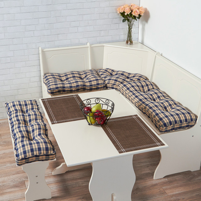 Farmhouse Style Kitchen Nook With Blue Plaid Bench Cushions