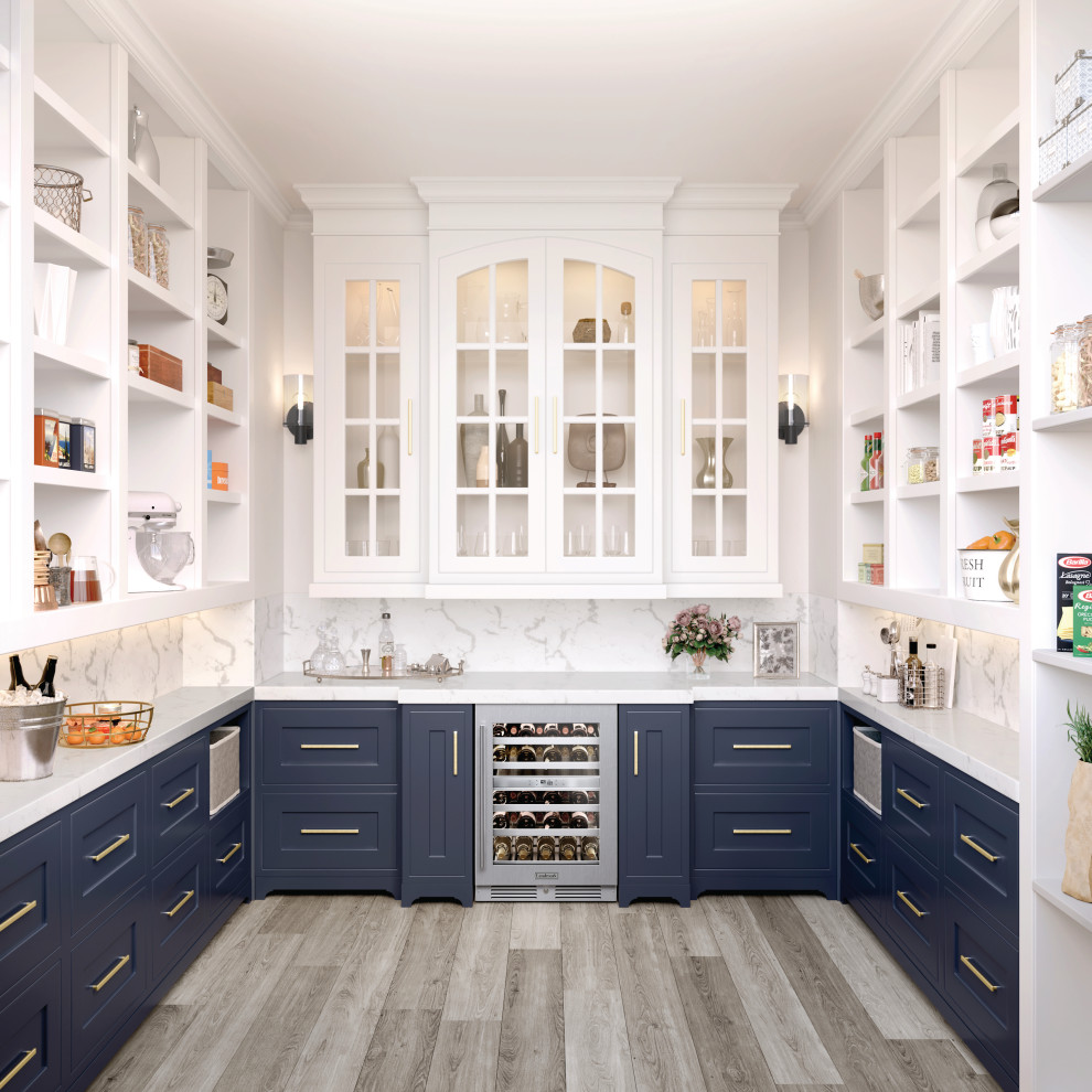 Design ideas for a classic u-shaped kitchen pantry in Other with shaker cabinets, blue cabinets, stainless steel appliances, medium hardwood flooring, no island, brown floors and white worktops.
