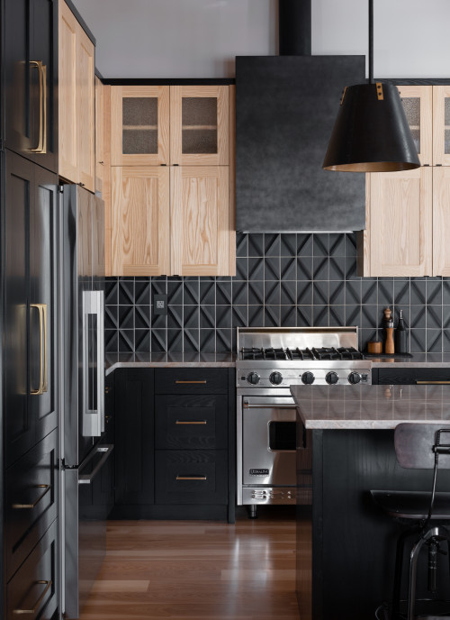Rustic Industrial Kitchen Inspirations: Black Geometric Backsplash Tiles