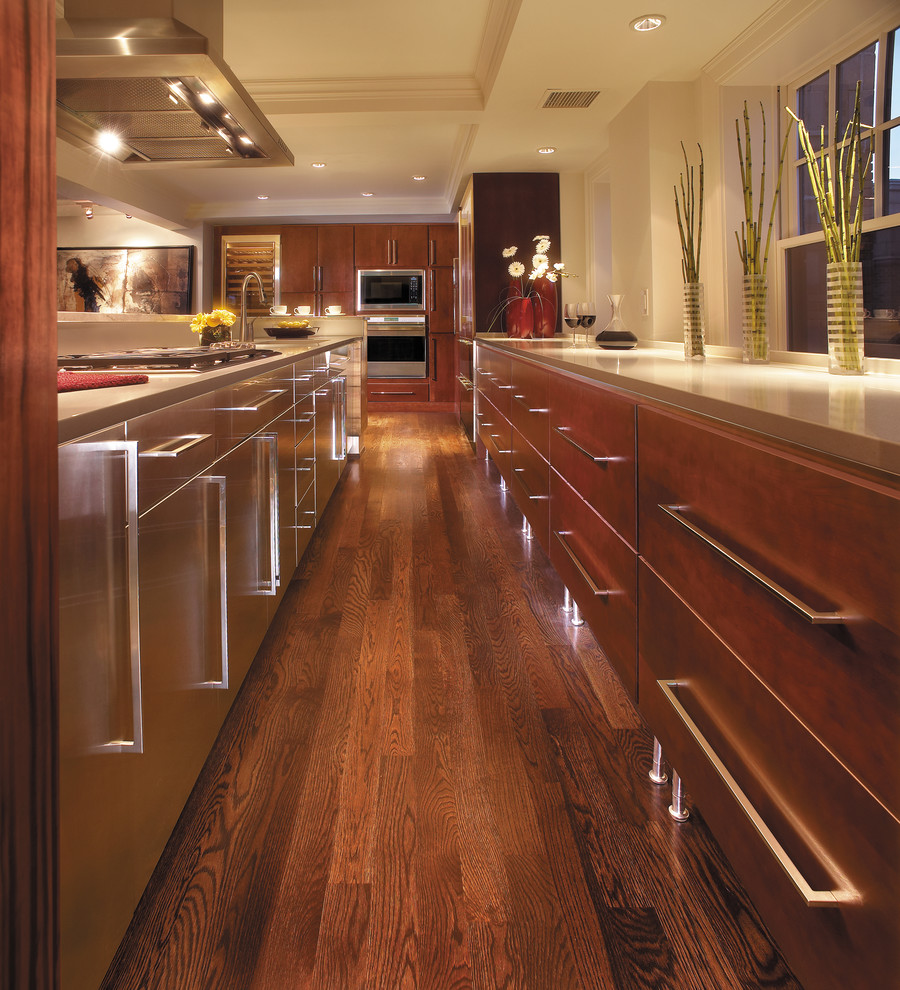 Cette image montre une grande cuisine parallèle design en bois foncé fermée avec un placard à porte plane, un électroménager en acier inoxydable, parquet foncé et îlot.