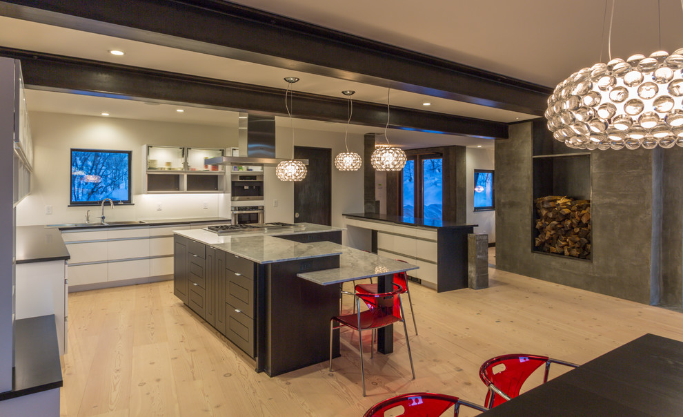 Свежая идея для дизайна: кухня в современном стиле с плоскими фасадами - отличное фото интерьера