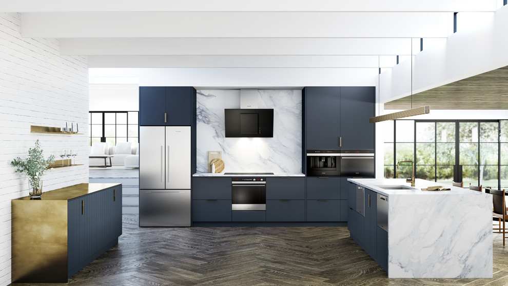 Large contemporary u-shaped open plan kitchen in Buckinghamshire with a built-in sink, flat-panel cabinets, blue cabinets, marble worktops, white splashback, marble splashback, stainless steel appliances, dark hardwood flooring and an island.