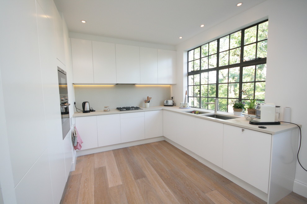 Design ideas for a contemporary u-shaped kitchen in London with a double-bowl sink, flat-panel cabinets and white cabinets.