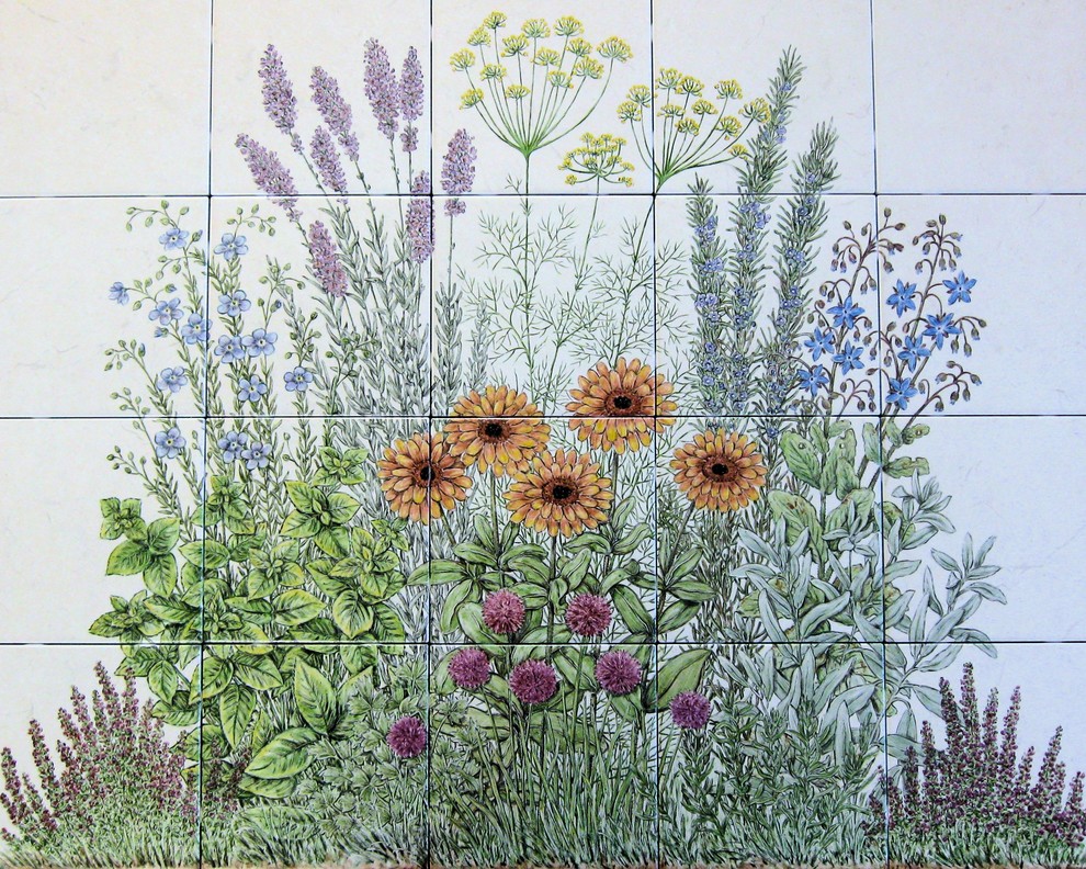 Flowering Herb Garden Decorative Kitchen Backsplash Tile Mural Phoenix By Hand Painted Murals Glass Porcelain Julia Houzz - Herb Kitchen Wall Tiles