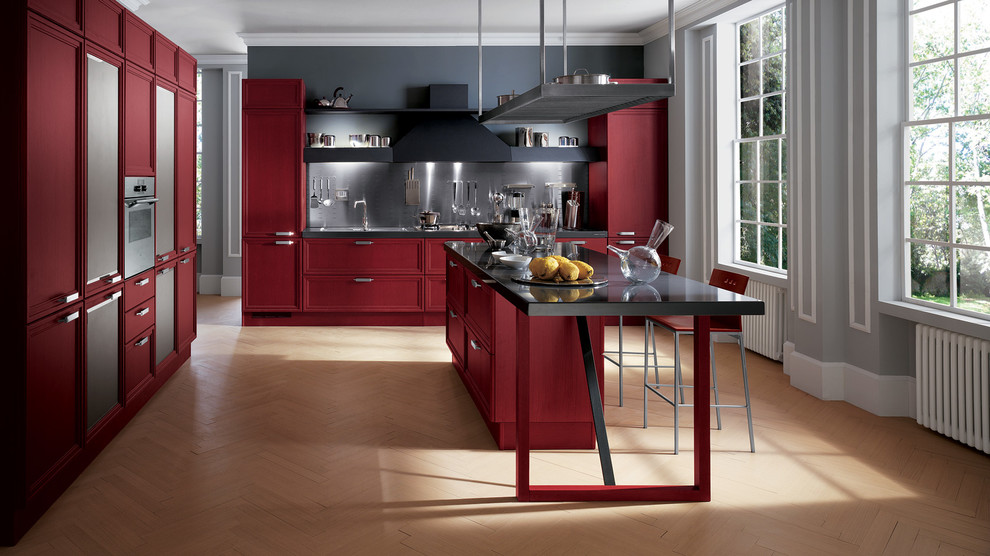 Eat-in kitchen - large modern l-shaped light wood floor eat-in kitchen idea in Melbourne with a double-bowl sink, raised-panel cabinets, red cabinets, quartz countertops, metallic backsplash and two islands