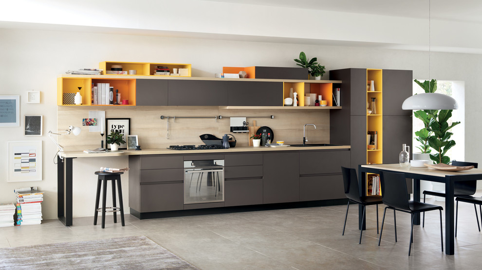Eat-in kitchen - large modern l-shaped concrete floor eat-in kitchen idea in Melbourne with stainless steel appliances, a drop-in sink, open cabinets, white cabinets, quartz countertops, gray backsplash, cement tile backsplash and an island