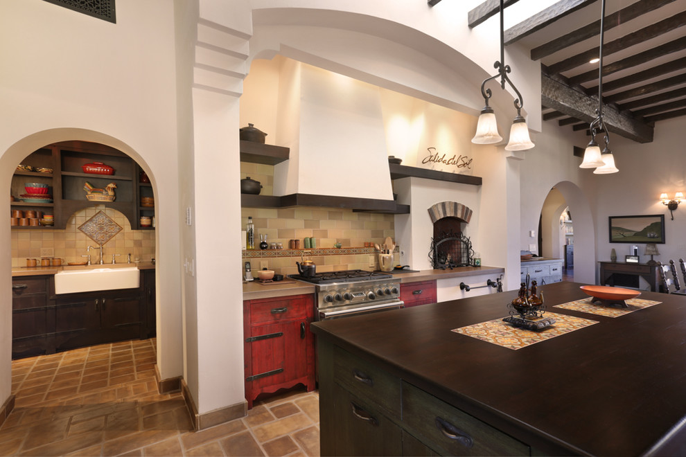 Example of a large southwest u-shaped open concept kitchen design in Phoenix with a farmhouse sink, flat-panel cabinets, concrete countertops, ceramic backsplash, stainless steel appliances and an island