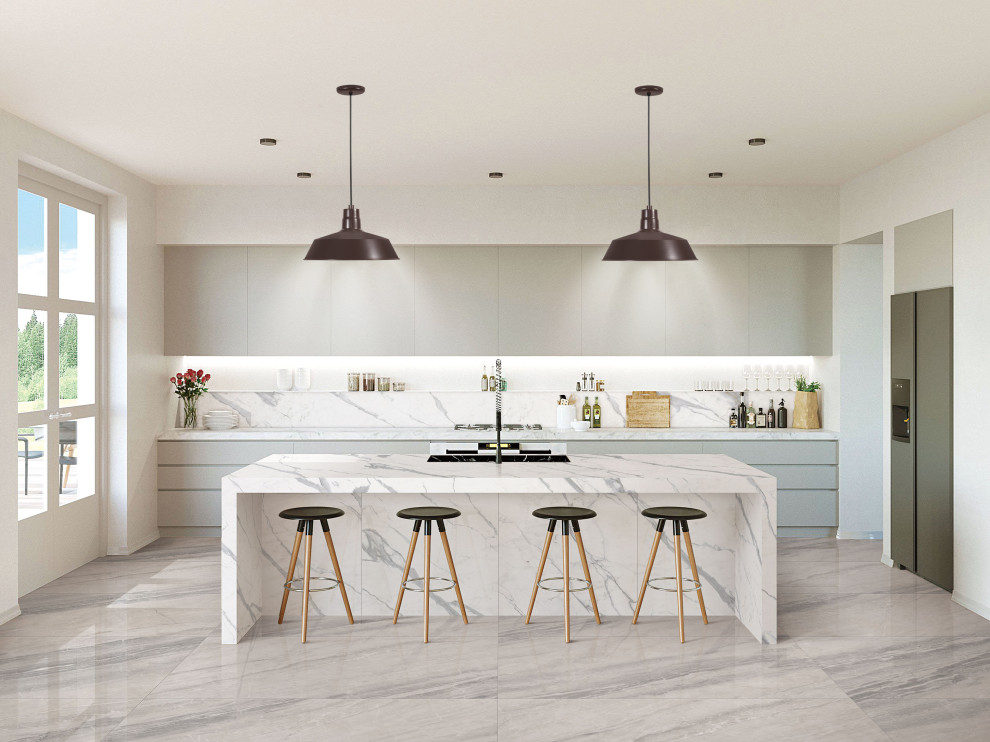 Eat-in kitchen - large modern single-wall porcelain tile and gray floor eat-in kitchen idea in Tampa with a single-bowl sink, flat-panel cabinets, gray cabinets, marble countertops, white backsplash, marble backsplash, stainless steel appliances, an island and yellow countertops