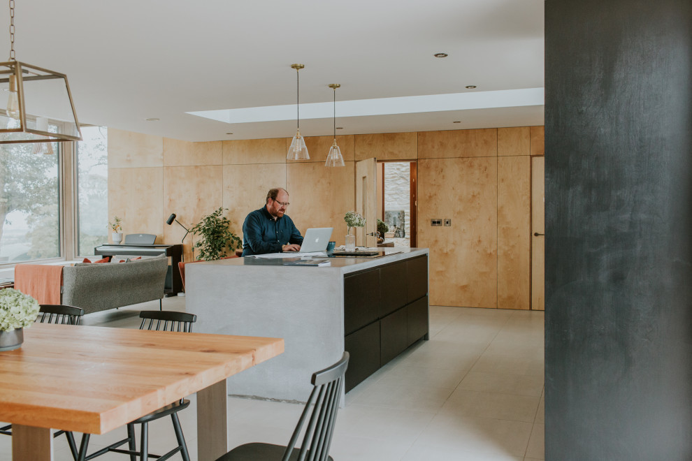 Идея дизайна: параллельная кухня-гостиная среднего размера в современном стиле с плоскими фасадами, столешницей из бетона и островом