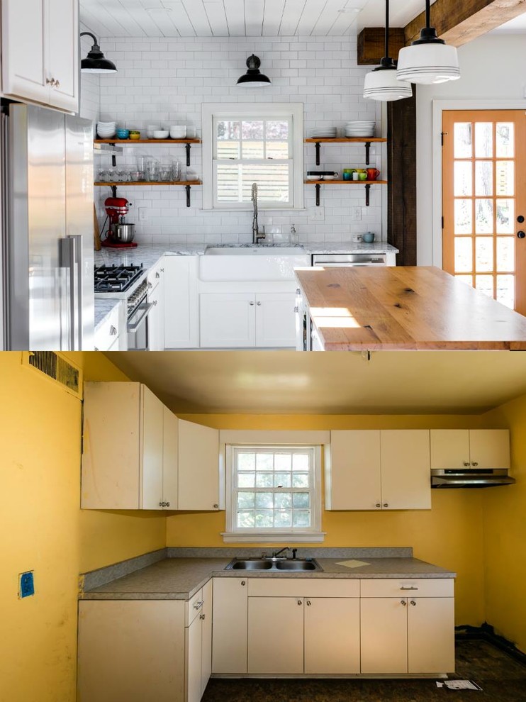 リッチモンドにある中くらいなトランジショナルスタイルのおしゃれなキッチン (木材カウンター、白いキッチンパネル、無垢フローリング) の写真