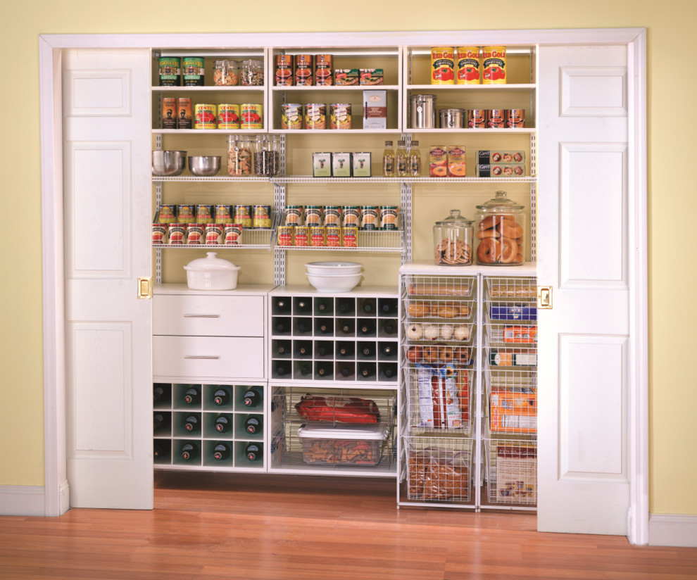 Inspiration for a single-wall kitchen pantry remodel in Las Vegas with flat-panel cabinets and white cabinets