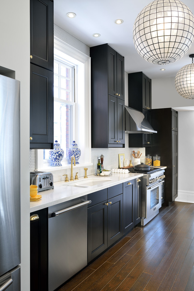 Inspiration for a timeless single-wall dark wood floor enclosed kitchen remodel in Toronto with quartzite countertops, white backsplash, mosaic tile backsplash, stainless steel appliances, a double-bowl sink and shaker cabinets