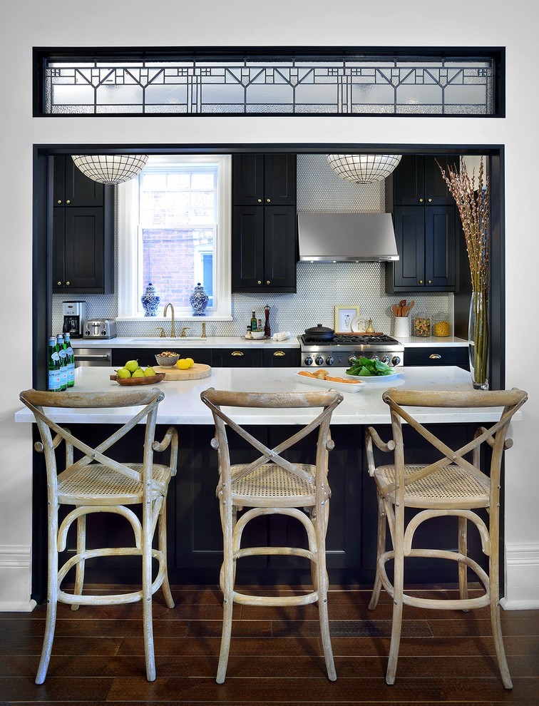 Enclosed kitchen - traditional galley dark wood floor enclosed kitchen idea in Toronto with shaker cabinets, black cabinets, white backsplash, mosaic tile backsplash, stainless steel appliances and no island