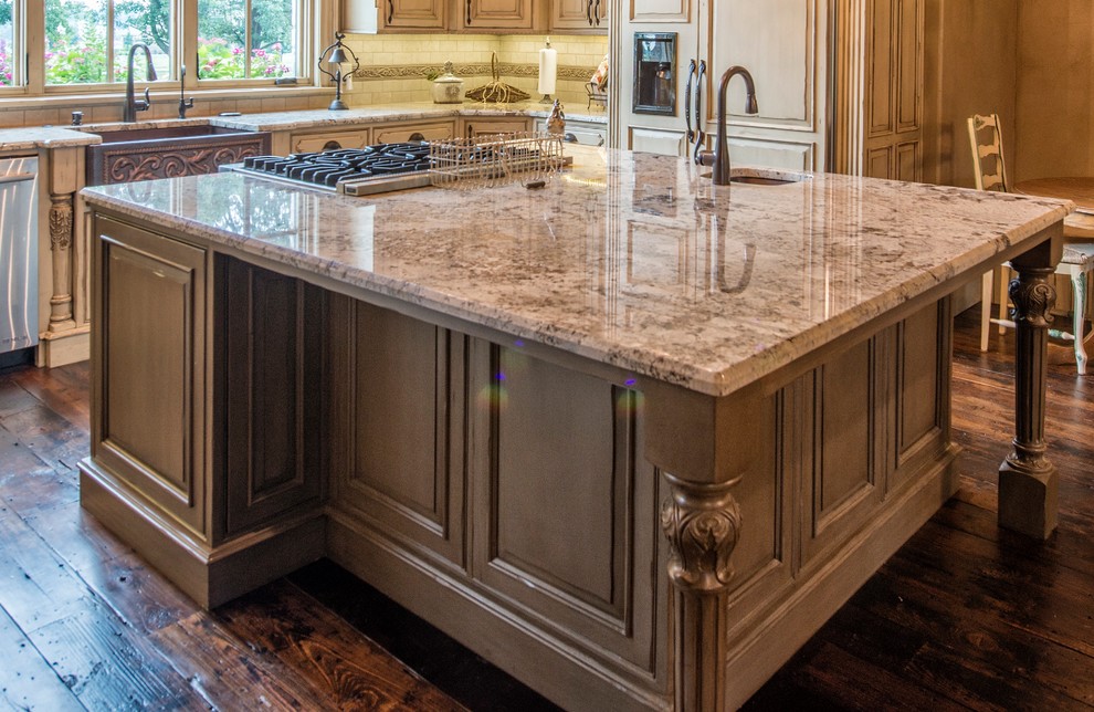 Large elegant u-shaped dark wood floor eat-in kitchen photo in Other with an undermount sink, beaded inset cabinets, white cabinets, granite countertops, beige backsplash, stone tile backsplash, paneled appliances and an island