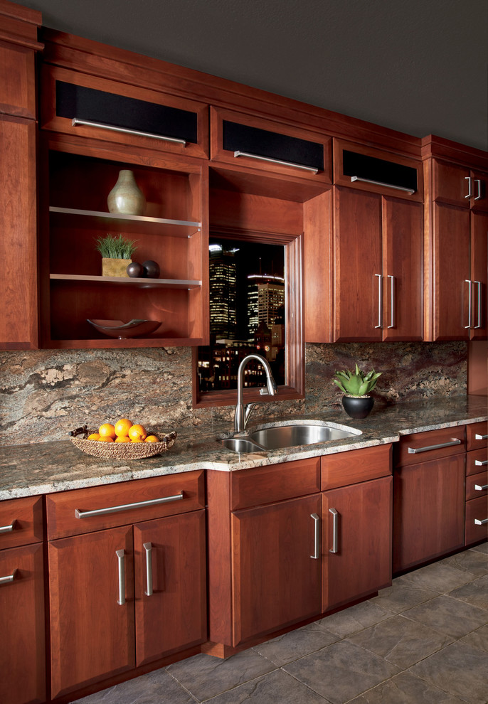 Design ideas for a traditional single-wall kitchen/diner in Other with flat-panel cabinets and medium wood cabinets.