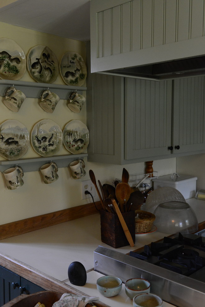 Immagine di una piccola cucina country con ante a filo, ante grigie, top in laminato, paraspruzzi marrone, paraspruzzi in legno, elettrodomestici bianchi e penisola