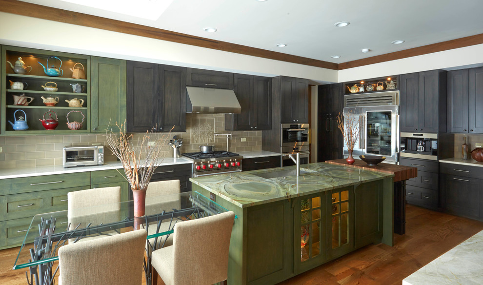 Kitchen - craftsman kitchen idea in Chicago with shaker cabinets, medium tone wood cabinets and quartzite countertops