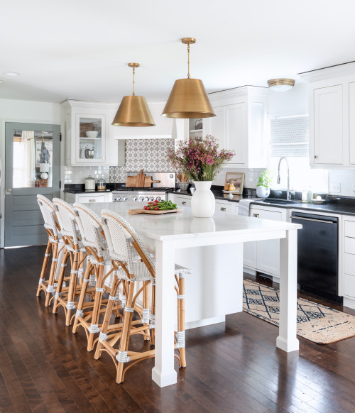 Transitional Farmhouse White Kitchen Cabinets with White Cabinetry and Black Countertop