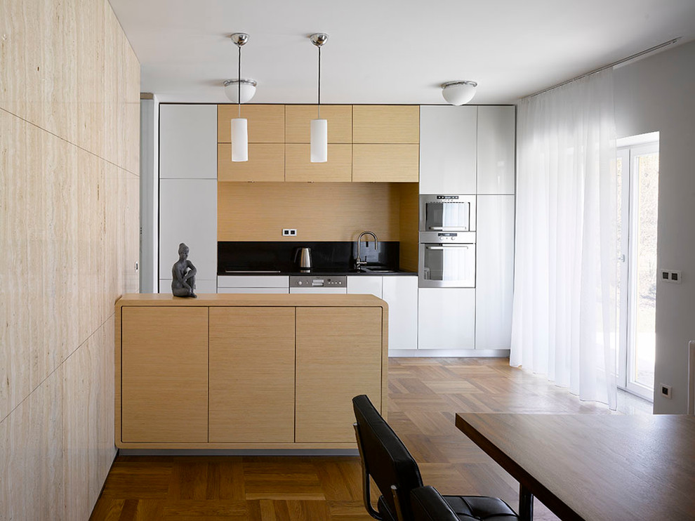 Idée de décoration pour une cuisine minimaliste avec un placard à porte plane.