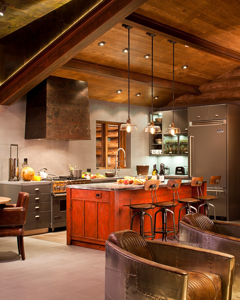 Inspiration for an industrial kitchen remodel in Denver with paneled appliances