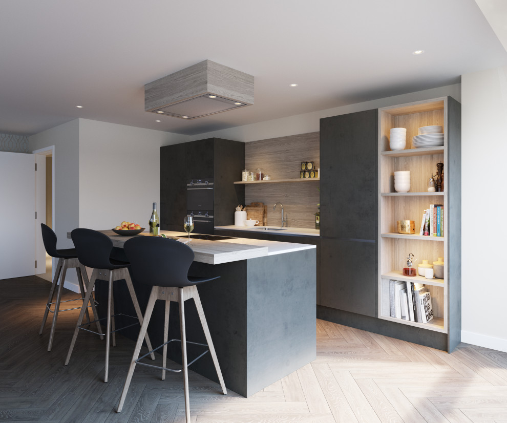 Inspiration for a medium sized contemporary galley kitchen/diner in Glasgow with a submerged sink, flat-panel cabinets, grey cabinets, onyx worktops, grey splashback, wood splashback, black appliances, light hardwood flooring, an island, grey floors and white worktops.