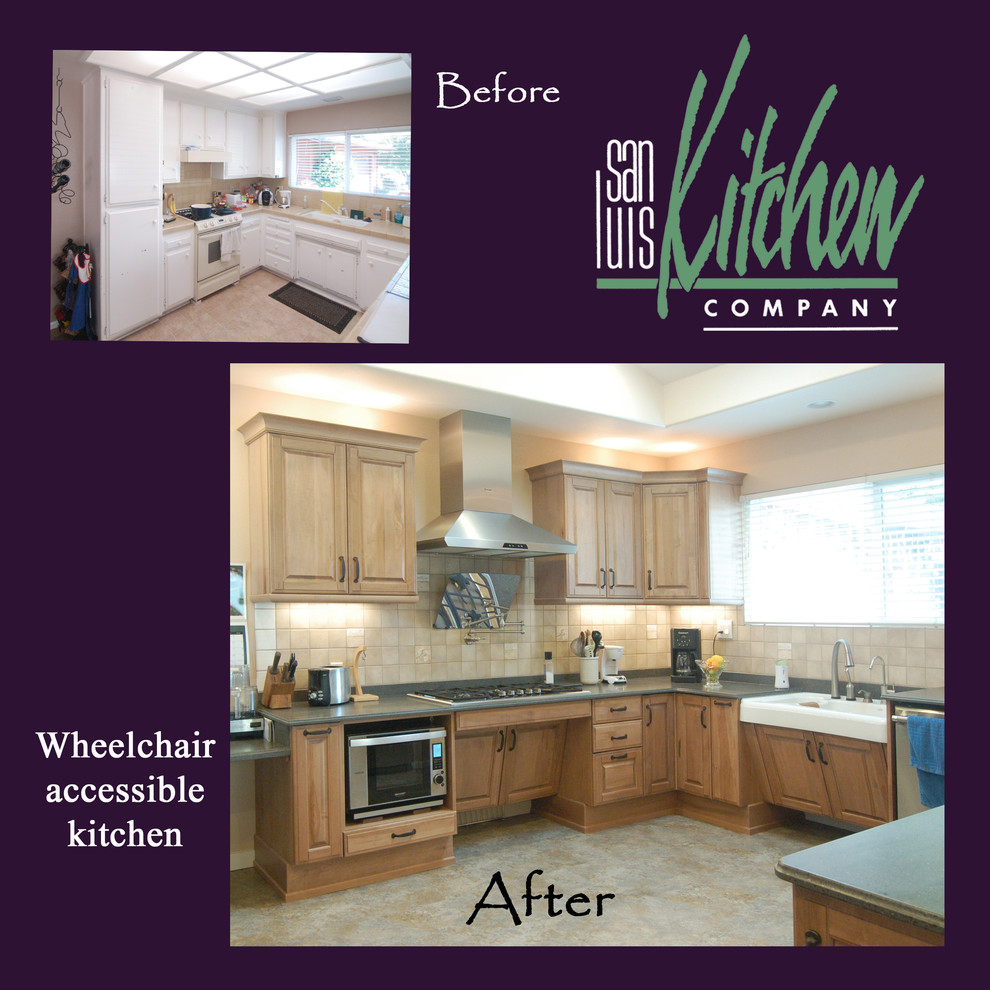 This is an example of a medium sized bohemian u-shaped enclosed kitchen in San Luis Obispo with a double-bowl sink, raised-panel cabinets, distressed cabinets, composite countertops, beige splashback, stone tiled splashback, stainless steel appliances, lino flooring and a breakfast bar.