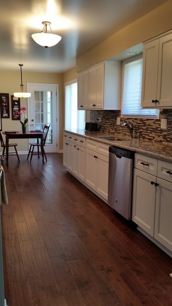 Galley Kitchen with Refaced White Cabinetry and New Wood Flooring - Traditional - Kitchen ...