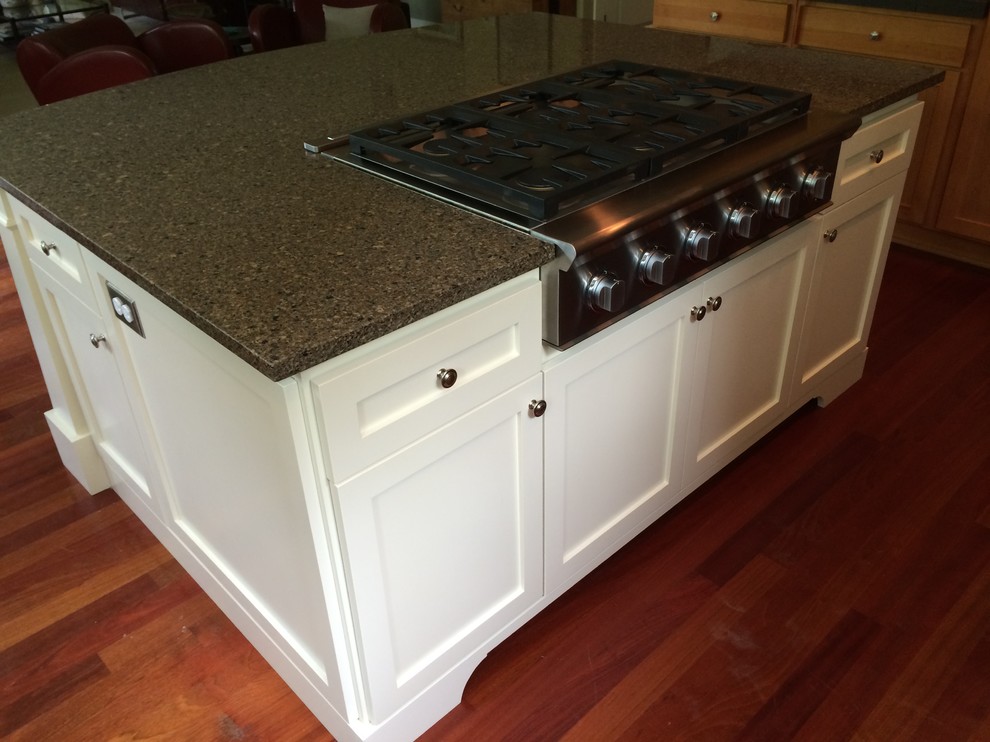 Esempio di una cucina stile americano chiusa e di medie dimensioni con ante in stile shaker, ante bianche, top in granito, pavimento in legno massello medio e pavimento rosso