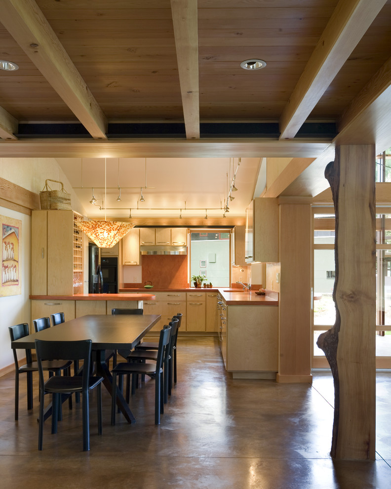 シアトルにあるモダンスタイルのおしゃれなキッチン (フラットパネル扉のキャビネット、淡色木目調キャビネット、オレンジのキッチンパネル) の写真