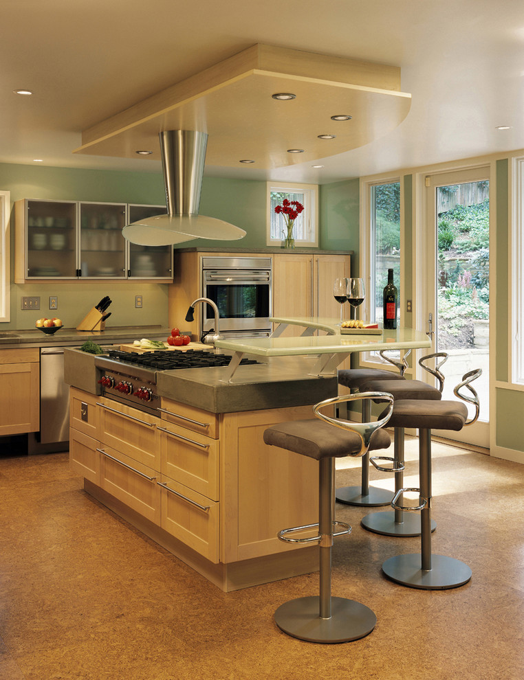 ワシントンD.C.にあるコンテンポラリースタイルのおしゃれなキッチン (シェーカースタイル扉のキャビネット、淡色木目調キャビネット、シルバーの調理設備) の写真