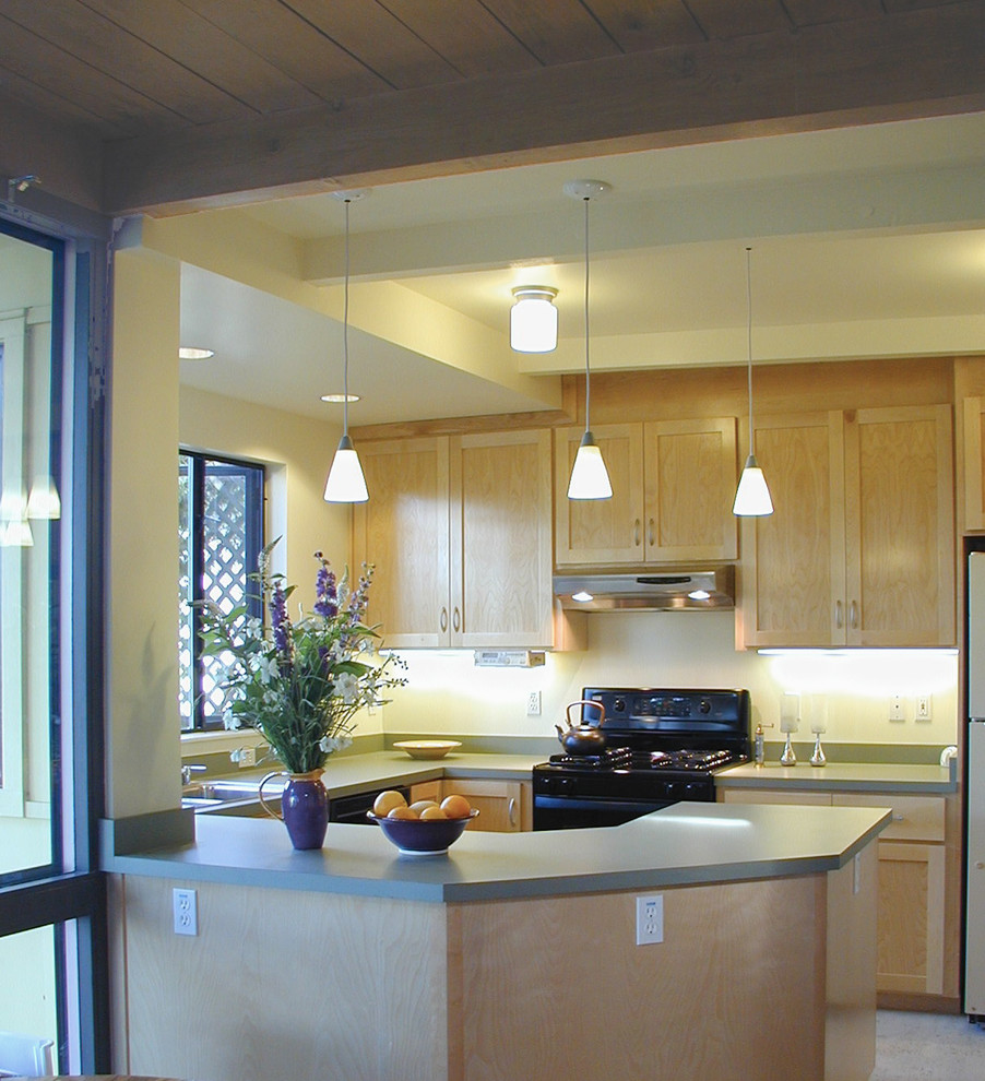 Exempel på ett litet kök, med en dubbel diskho, luckor med infälld panel, skåp i ljust trä, laminatbänkskiva, grönt stänkskydd, svarta vitvaror, korkgolv och en halv köksö