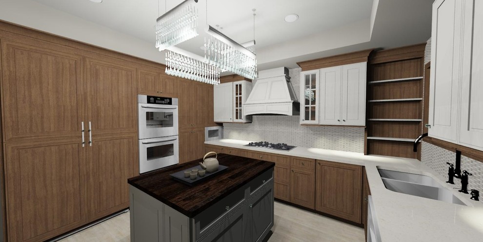 Eat-in kitchen - mid-sized transitional u-shaped porcelain tile eat-in kitchen idea in Chicago with an undermount sink, raised-panel cabinets, medium tone wood cabinets, quartz countertops, beige backsplash, glass tile backsplash, stainless steel appliances and an island