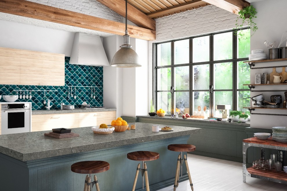 Esempio di una cucina minimalista con lavello da incasso, ante lisce, ante in legno chiaro, top in cemento, paraspruzzi blu, paraspruzzi con piastrelle in ceramica, elettrodomestici in acciaio inossidabile, parquet chiaro, pavimento grigio e top grigio