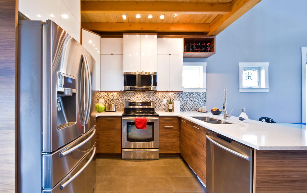 Modern u-shaped kitchen in Calgary with mosaic tiled splashback, stainless steel appliances, multi-coloured splashback, flat-panel cabinets, a double-bowl sink and dark wood cabinets.