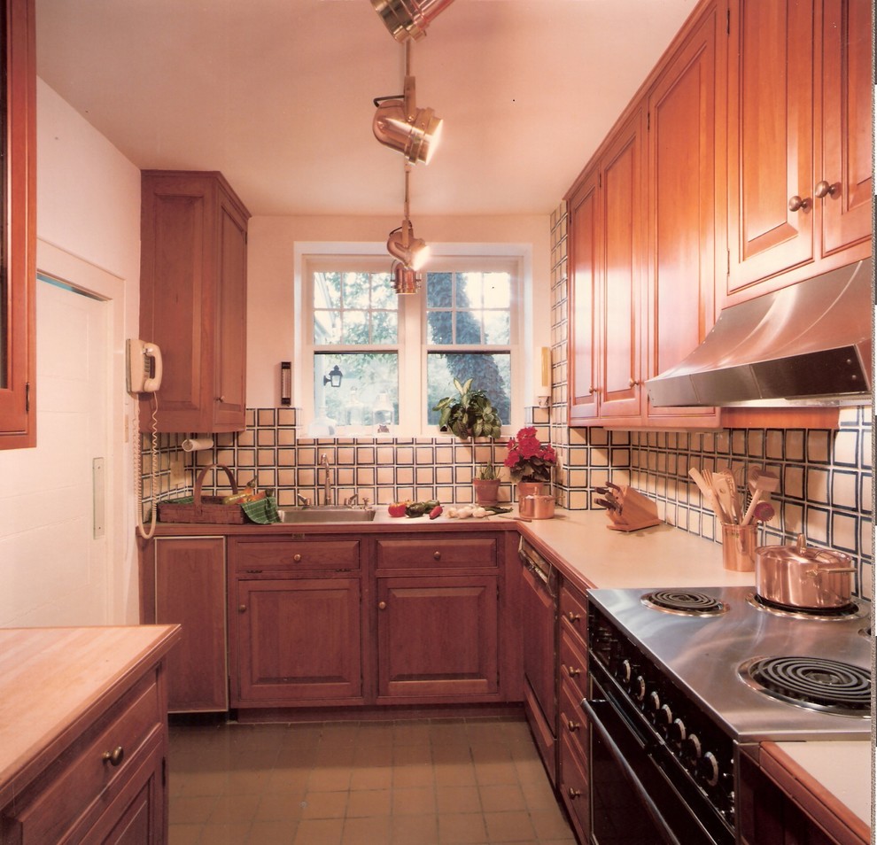 Esempio di una cucina classica con lavello a vasca singola, ante a filo, ante in legno bruno, top in laminato, paraspruzzi multicolore, paraspruzzi con lastra di vetro e elettrodomestici in acciaio inossidabile