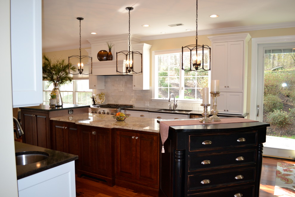 Elegant galley eat-in kitchen photo in Baltimore with an undermount sink, beaded inset cabinets and white cabinets