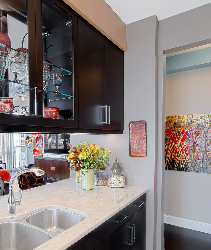 Glass front cabinets in galley kitchen - Contemporary - Kitchen