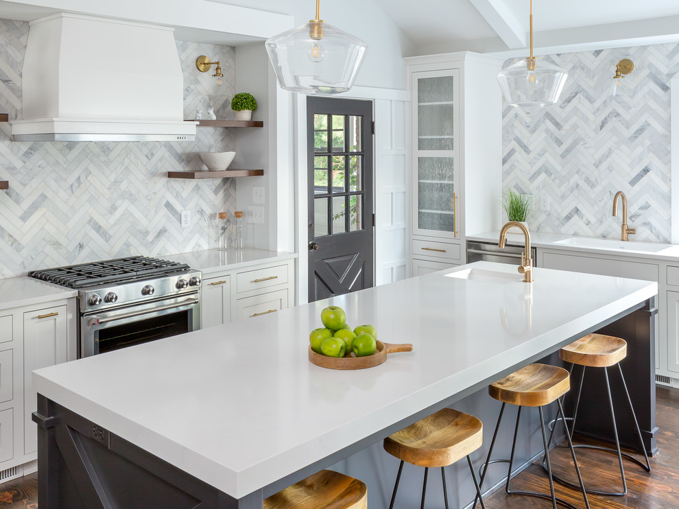 Large transitional u-shaped dark wood floor and brown floor kitchen photo in Raleigh with shaker cabinets, white cabinets, quartzite countertops, gray backsplash, marble backsplash, stainless steel appliances, an island and white countertops