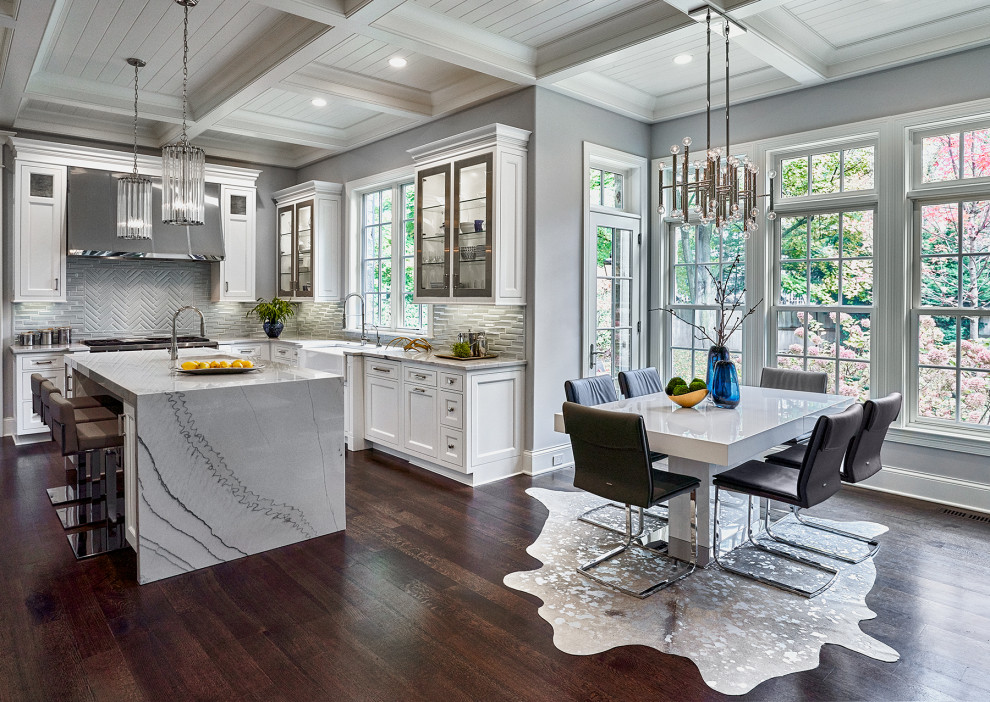 Inspiration for a mid-sized transitional l-shaped coffered ceiling open concept kitchen remodel in Chicago with a farmhouse sink, shaker cabinets, white cabinets and an island