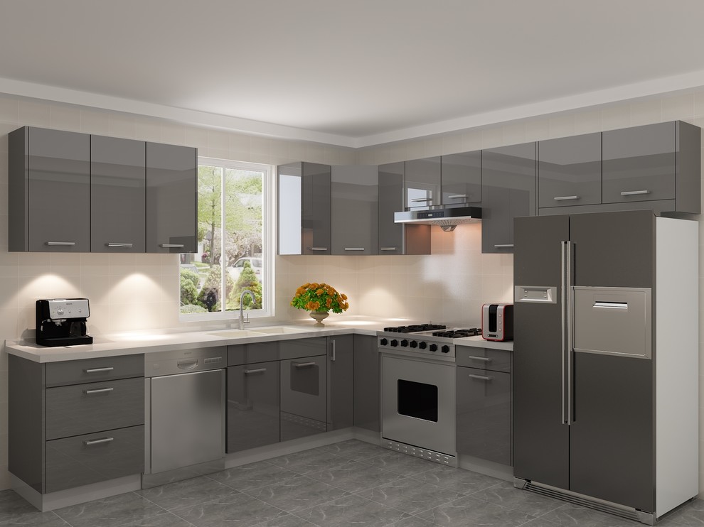 Ejemplo de cocina comedor contemporánea de tamaño medio con armarios con paneles lisos, puertas de armario grises y una isla
