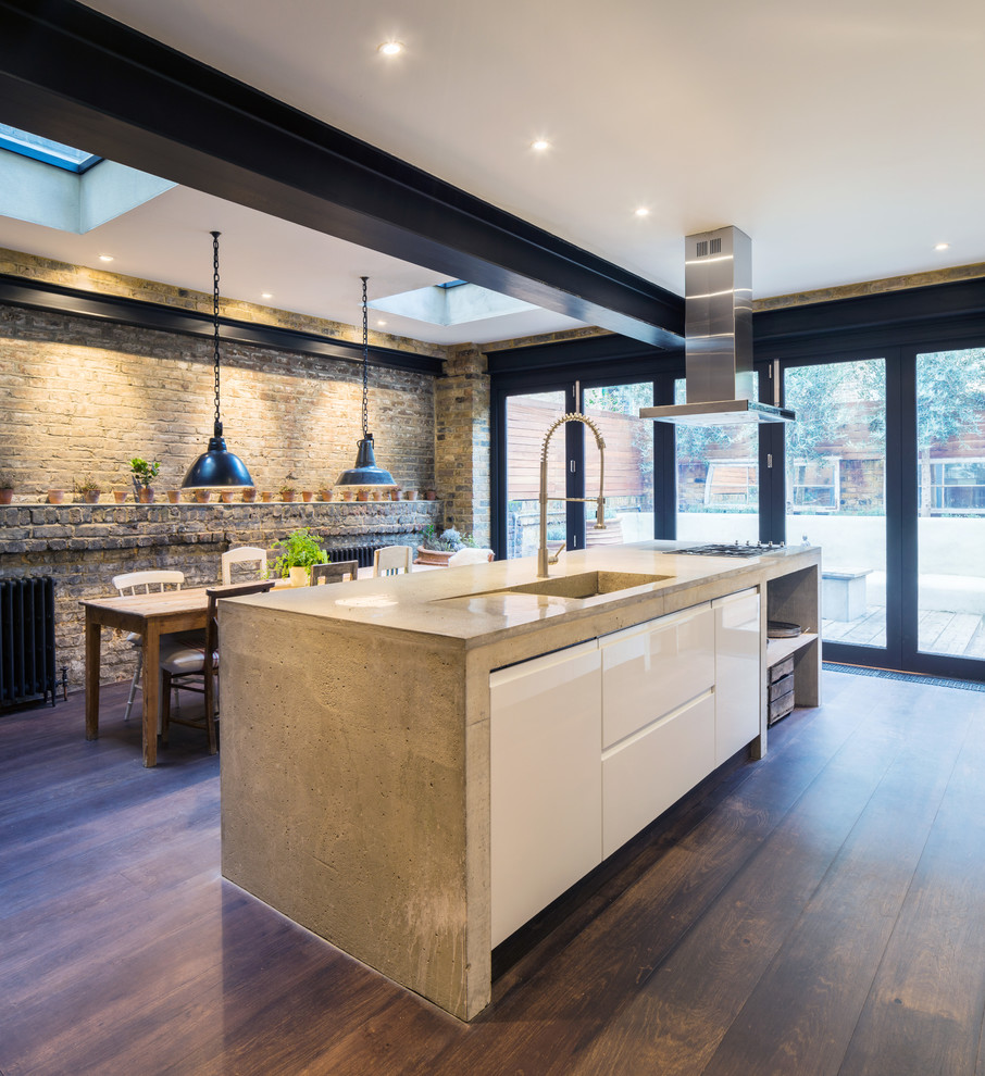 Moderne Küche mit flächenbündigen Schrankfronten, weißen Schränken und dunklem Holzboden in London