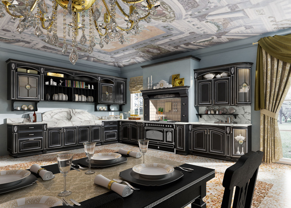 Eat-in kitchen - large traditional l-shaped linoleum floor eat-in kitchen idea in San Diego with a double-bowl sink, flat-panel cabinets, black cabinets, marble countertops, multicolored backsplash, stone slab backsplash, paneled appliances and no island