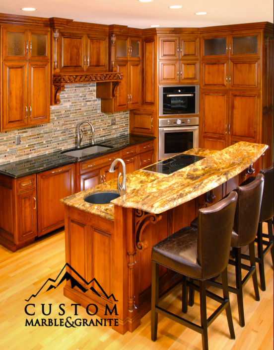 Golden Thunder Granite Island with Black Galaxy Granite Counter Tops