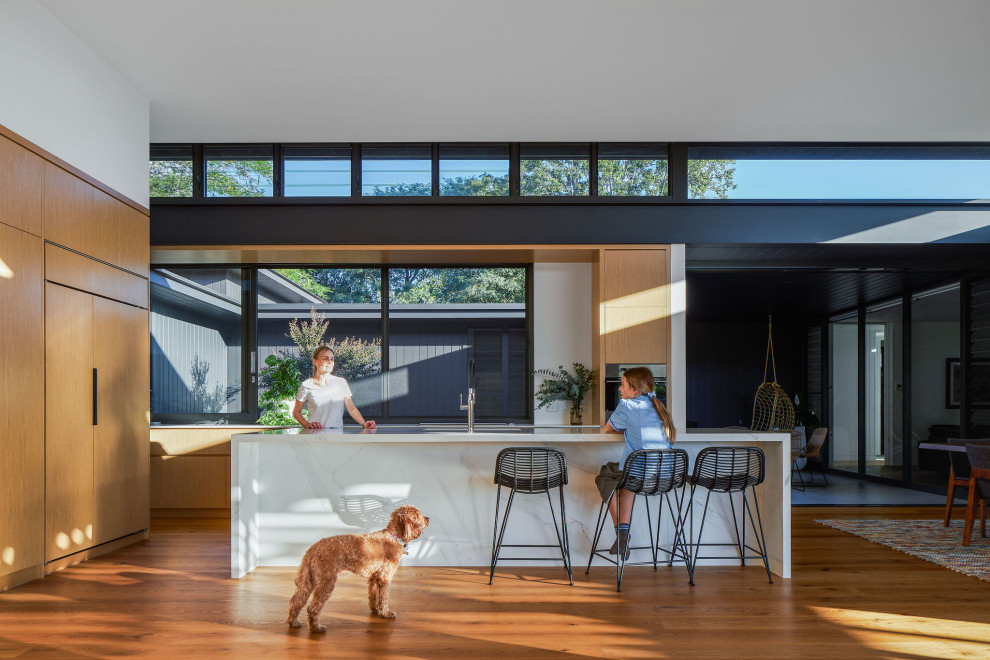 Inspiration for a contemporary medium tone wood floor eat-in kitchen remodel in Brisbane with flat-panel cabinets, light wood cabinets, window backsplash, an island and white countertops